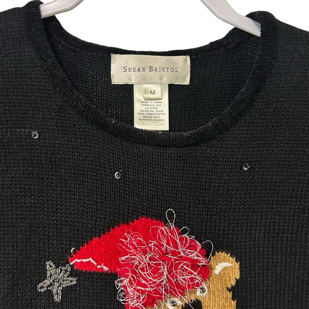 VTG Susan Bristol Christmas Teddy Bear Sequin Sweater Black M Hand Embroidered - Picture 2 of 9